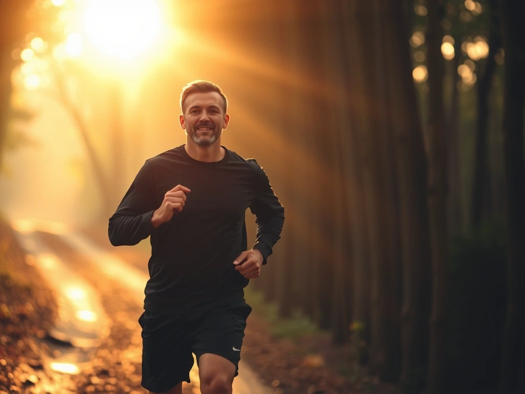 Homme courant en forêt au lever du soleil